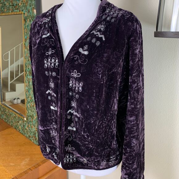 Vintage Purple Velvet Chico's Size 2 US L  Embroidered Blazer Jacket  Holiday - Picture 3 of 10